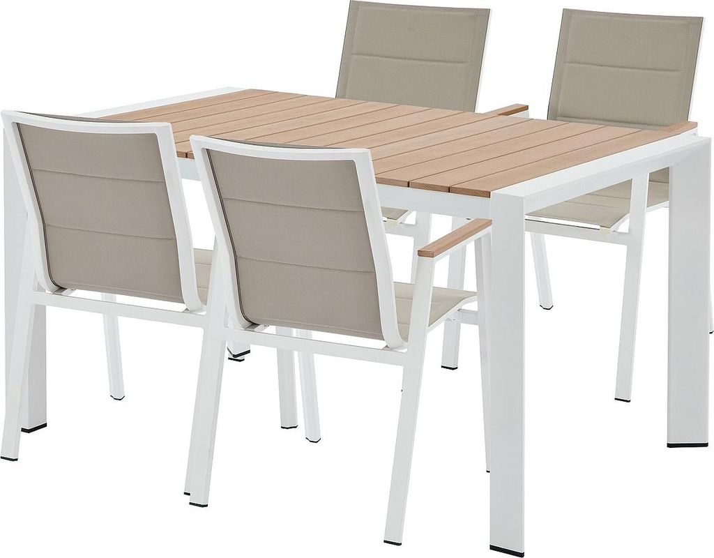 Gartenset aus Aluminium für den Essbereich: Tisch mit einer Länge von 150 cm und 4 Klappstühlen – Hell naturfarben und weiß – LIOUS der Mar...