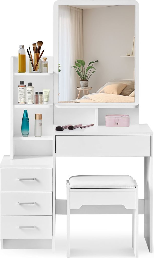 CLIPOP Schminktisch,87x40x144cm Schminkkommode Set,Frisiertisch mit Spiegel und Hocker,4 Schubladen Kosmetiktisch