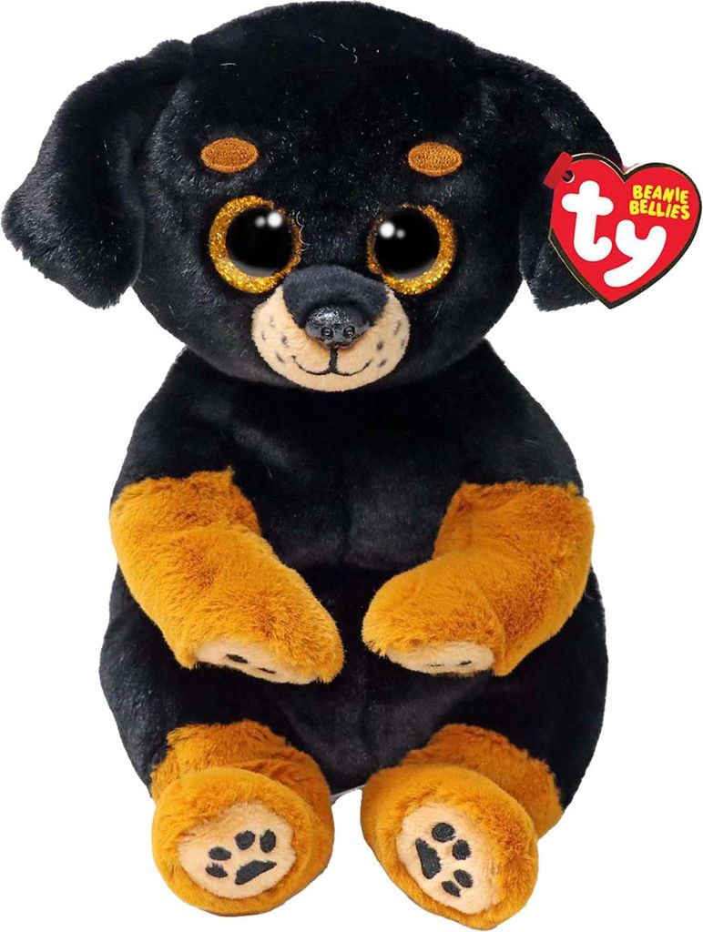 A plush toy dog sitting against a white background.