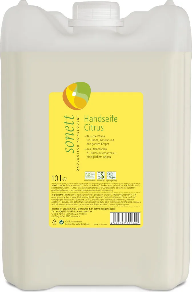 Savon liquide mains Citrus Sonett 10l - Idéal pour recharge et famille