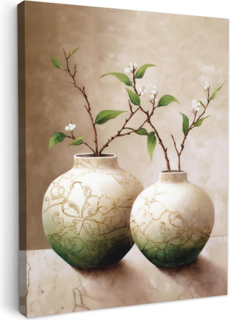 MuchoWow - Leinwandbilder - Blumen - Vase - Weiß - Botanisch - Beige, Wandbild, Wanddeko Bilder Wohnzimmer, 30x40 cm