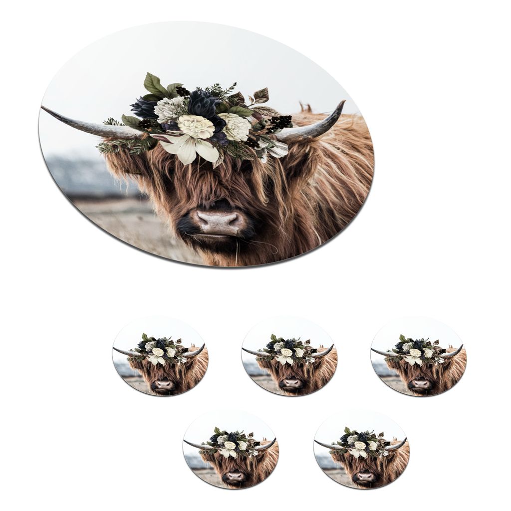 KitchenYeah Glasuntersetzer Rund 6er Set Schottisches Hochlandrind - Blätter 10x10 cm Untersetzer für Gläser - Getränkeuntersetzer - Tischpla...