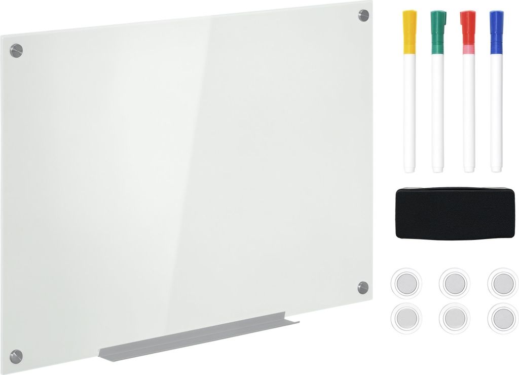 Glas Whiteboard, Memoboard, Whiteboard, 4 Stifte, 6 Magnete, 1 Schwamm,1 Ablage