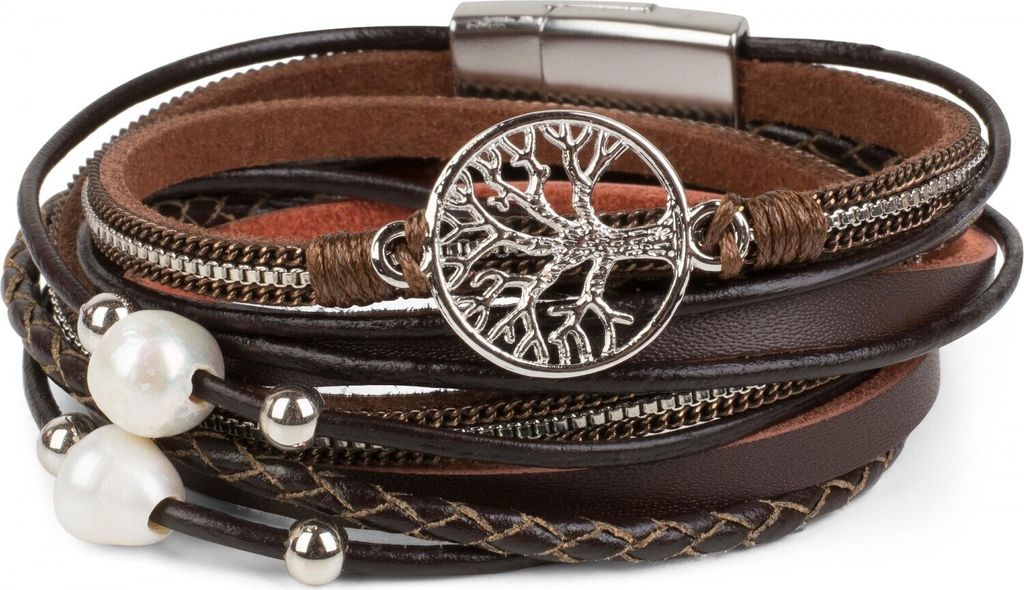 styleBREAKER Wickelarmband mit Perlen, Ketten, Flecht Element und Lebensbaum Anhänger, Magnetverschluss, Armband, Damen 05040070