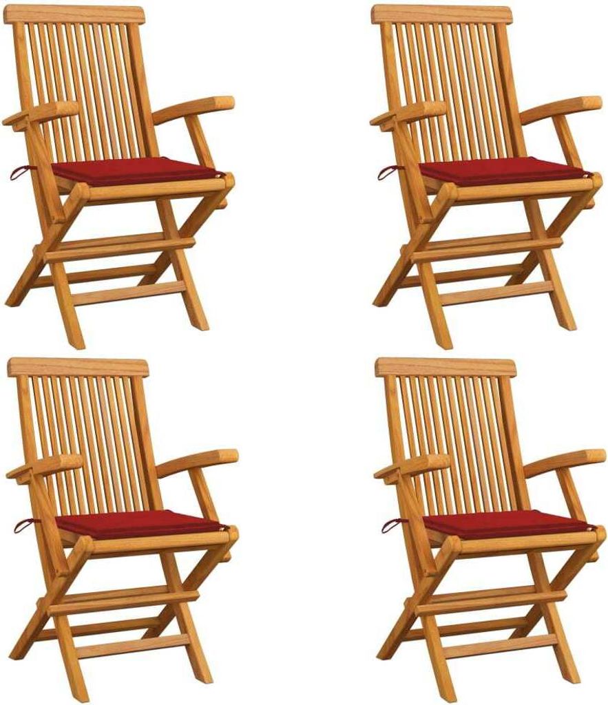 Gartenstühle mit Roten Kissen 4 Stk. Massivholz Teak