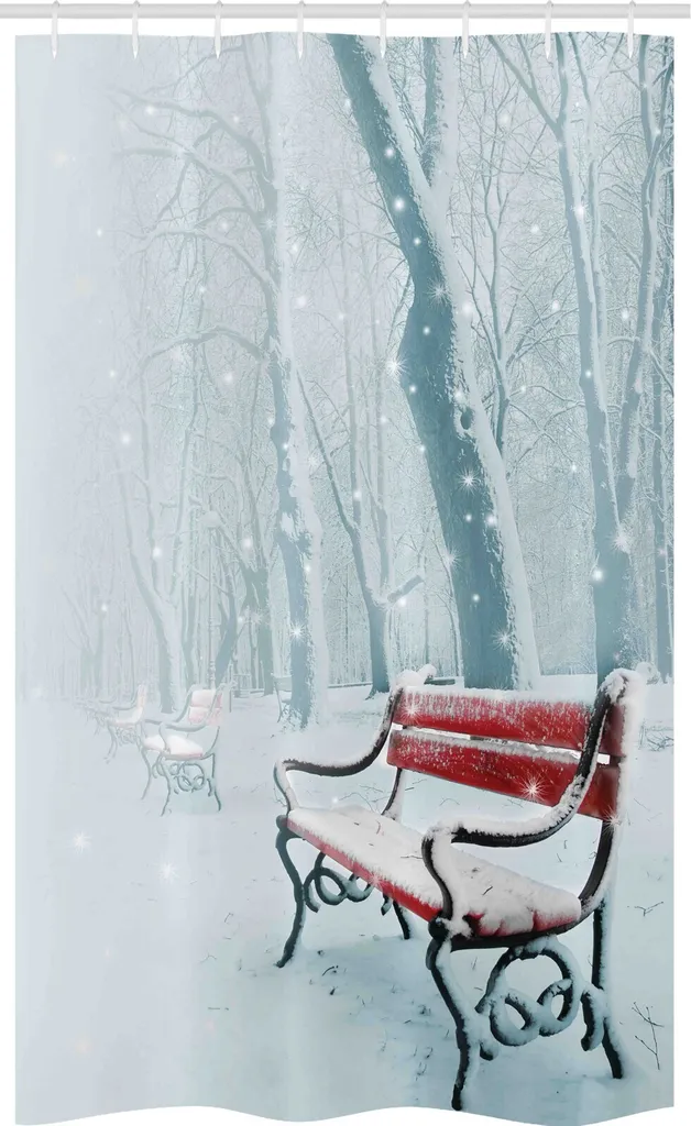 ABAKUHAUS Tenda da doccia stretta invernale, Snowy Bench Misty Path, set decorativo per bagno in tessuto con ganci, 120 x 180 cm, bianco