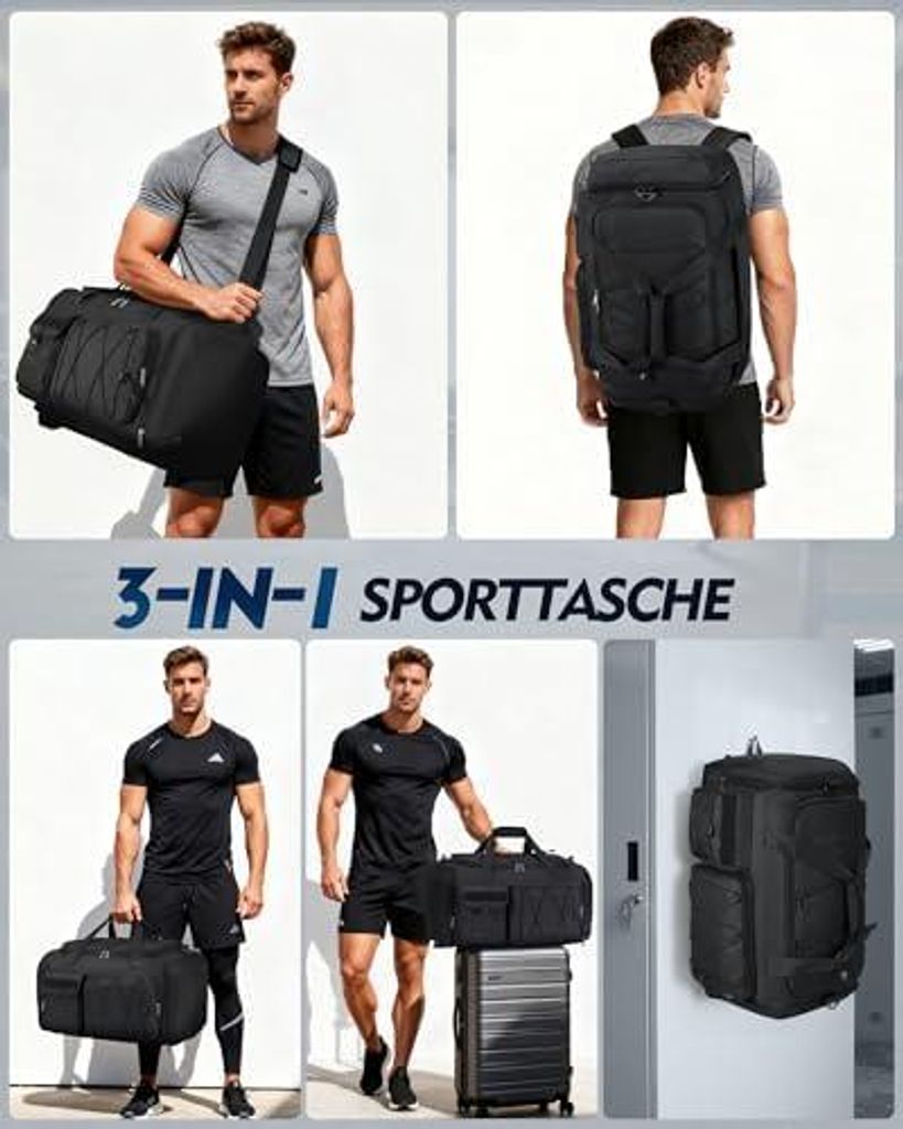 45L Sporttasche für Damen und Herren, 3-in-1-Reisetasche mit Schuhfach und Nassfach, wasserdichte Gym-Duffle-Bag, Trainingstasche für Outdoor, Fi...