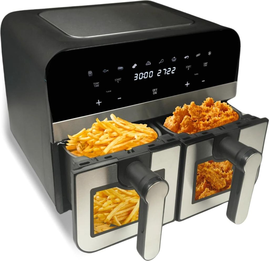 Comfy Nest CN-AFD45WS: 2400 W digitaler Doppel-S/S-Korb-Airfryer mit Fenster - 9 l