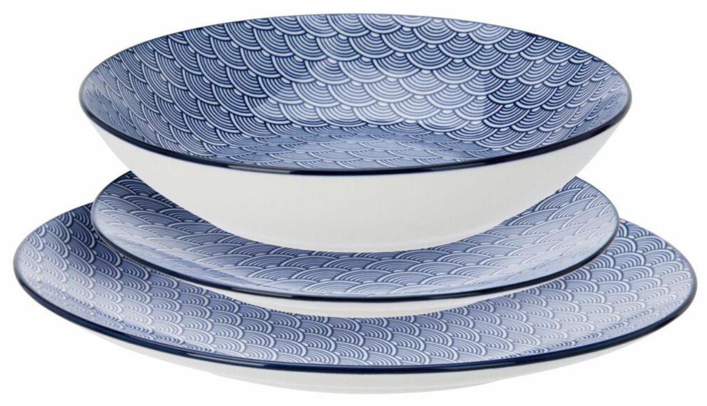 HowHomely | Geschirrset - Essservice - Tafelservice - 18er Set - weiß - blau - aus Porzellan - Speiseteller - Suppenteller - Küche - Praktisch