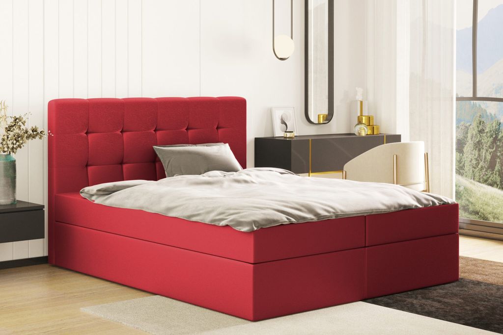 Kaiser Möbel Boxspringbett mit matratze und bettkasten, Schlafbett LUDANO stoff Cayenne Rot 180x200 cm H2-Pocket