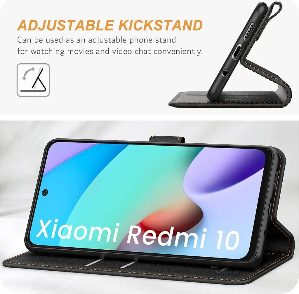 Custodia In Pelle Con Porta Carte E Cavalletto Per Xiaomi Redmi 10 / 10 2022 / 10 Prime - Chiusura Magnetica