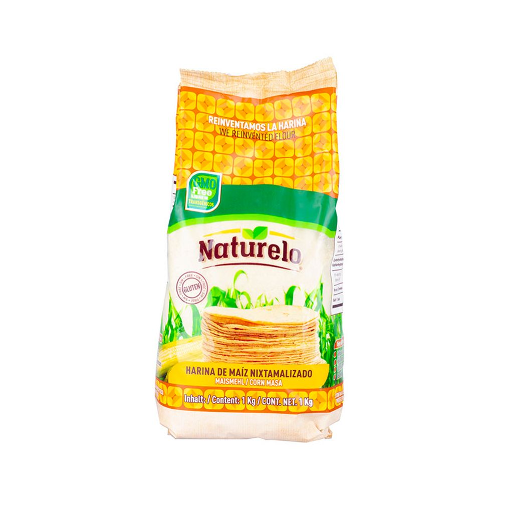 A bag of Naturelo corn flour with images of corn and tortillas.