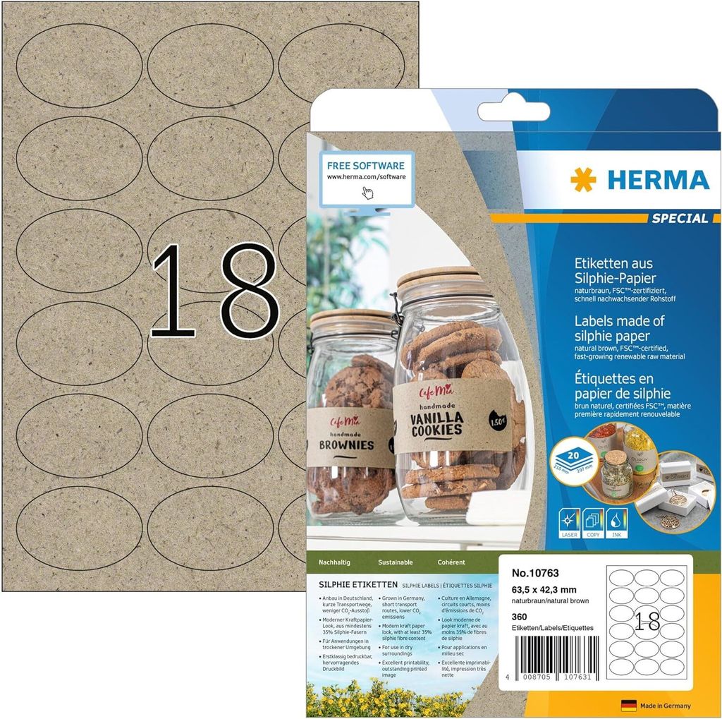 HERMA Etiketten aus Silphie-Papier 63,5 x 42,3 mm oval naturbraun 360 Etiketten