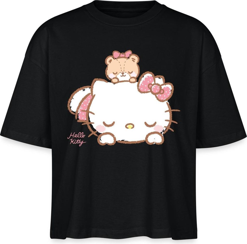 Spreadshirt Hello Kitty Mit Teddy Auf Dem Rücken Boxy Shirt Damen, XL, Schwarz