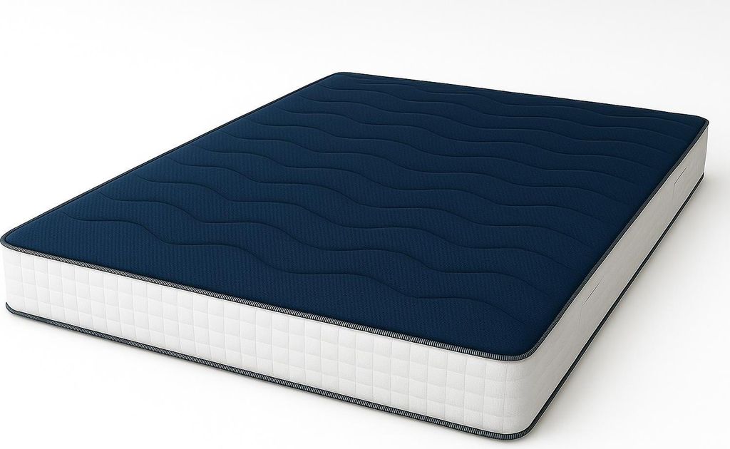 A dark blue mattress with a white quilted side, shown on a white background.