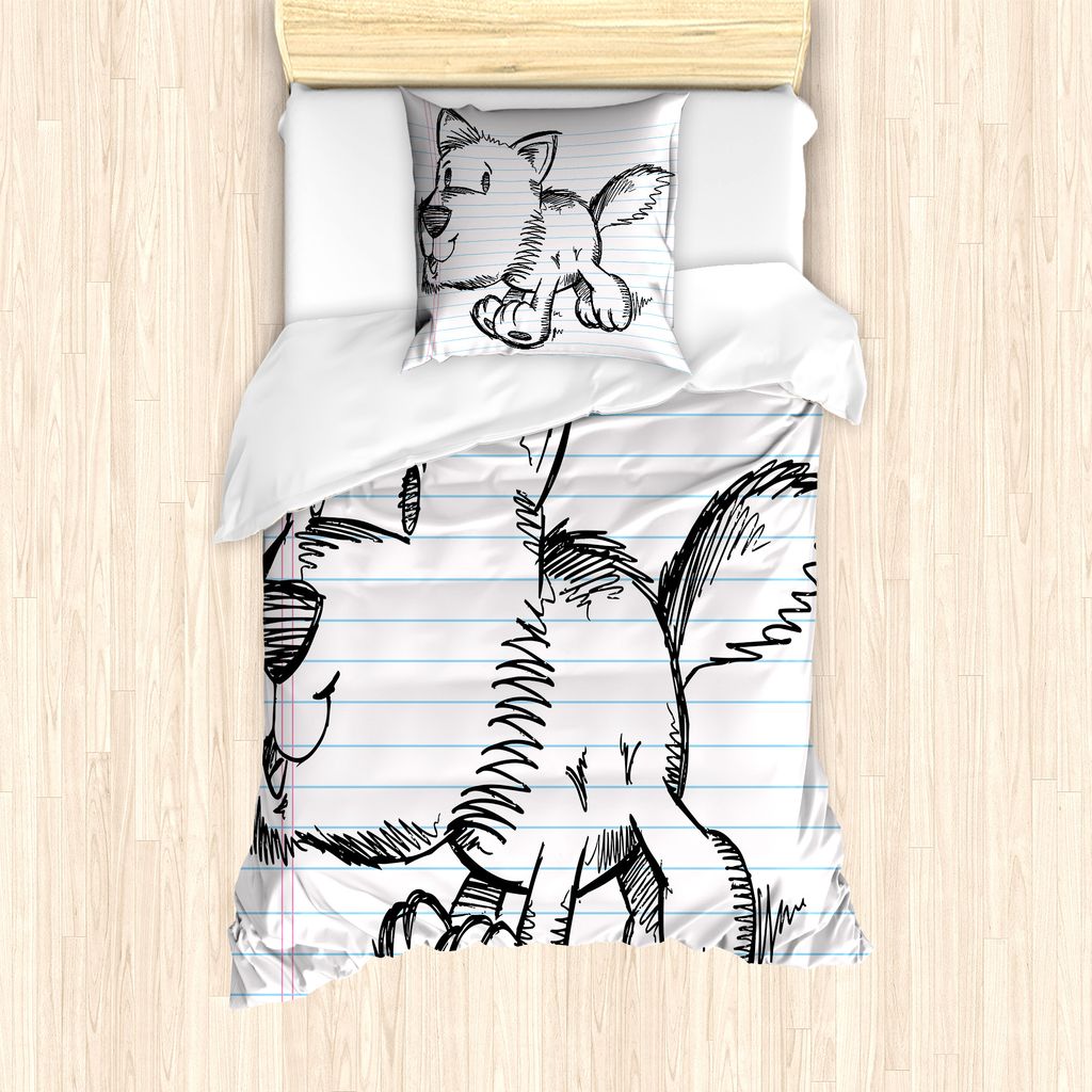 ABAKUHAUS Kindergarten Bettbezug Set für Einzelbetten, Scribble Art Hündchen, Milbensicher Allergiker geeignet mit Kissenbezug, 135 cm x 200 cm -...