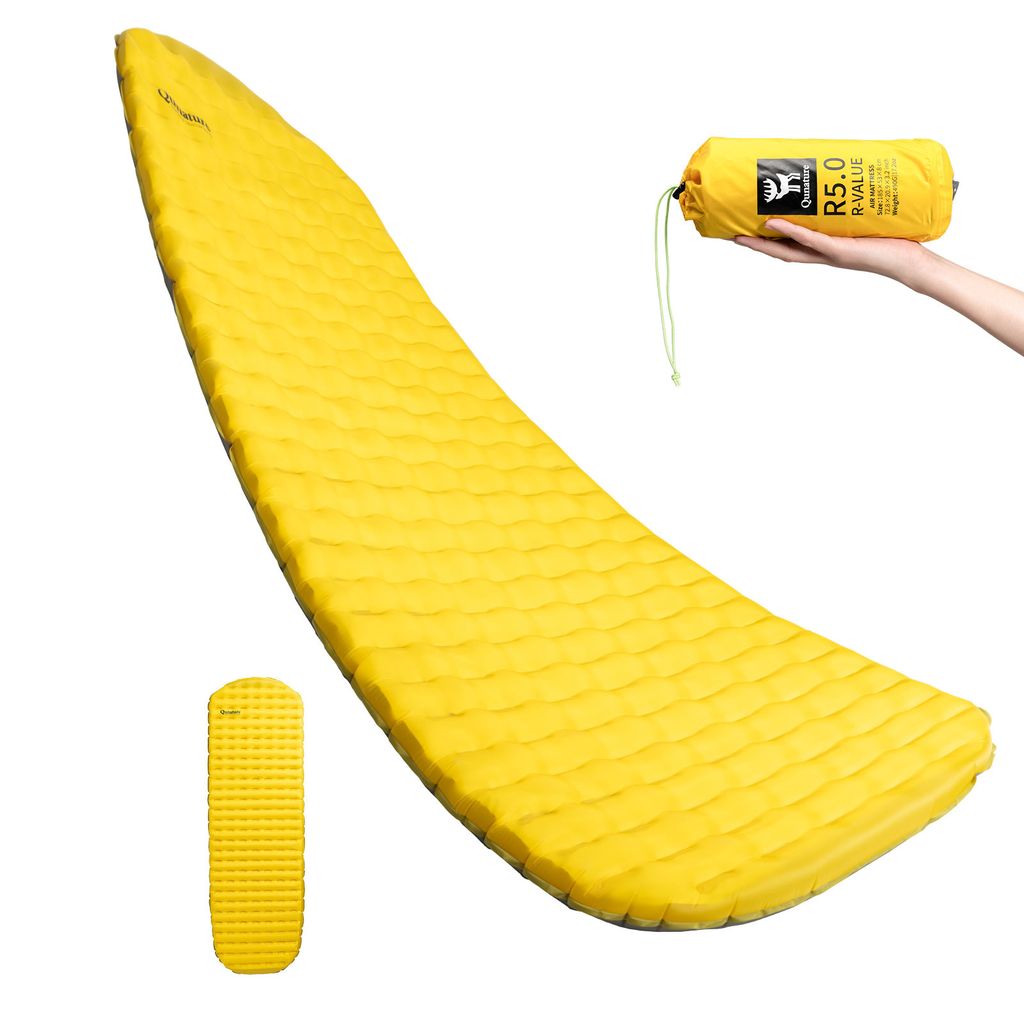 Qunature 490g Ultraleicht Camping Luftmatratze 5,0 R-Wert 8cm Dick Warm Isomatte Matratze Aufblasbare Campingmatte L, Gelb