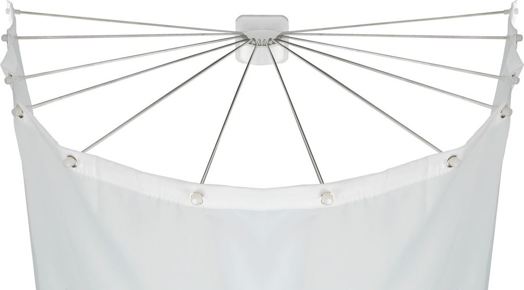 A close-up view of a shower curtain rod with multiple arms extending from a central mount, holding up a white shower curtain.