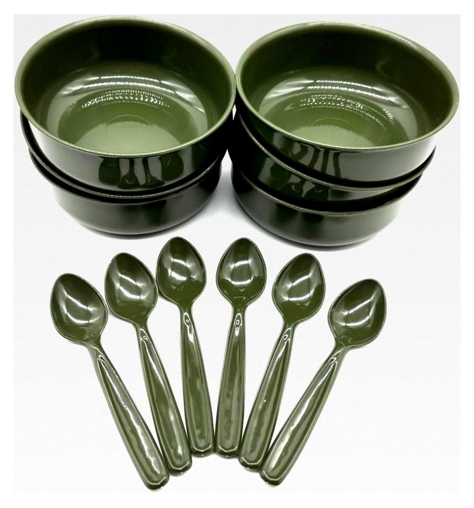 6 Suppenschüsseln mit 750 ml + 6 Löffel im Set, oliv