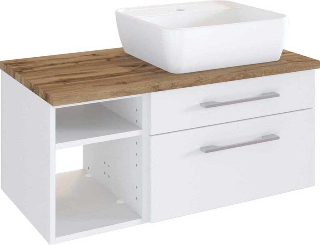 Waschtisch-Unterschrank 90 cm mit Siphonausschnitt Rechts inkl. Keramik Aufsatzwaschbecken & Regal TAREE-03 in matt weiß