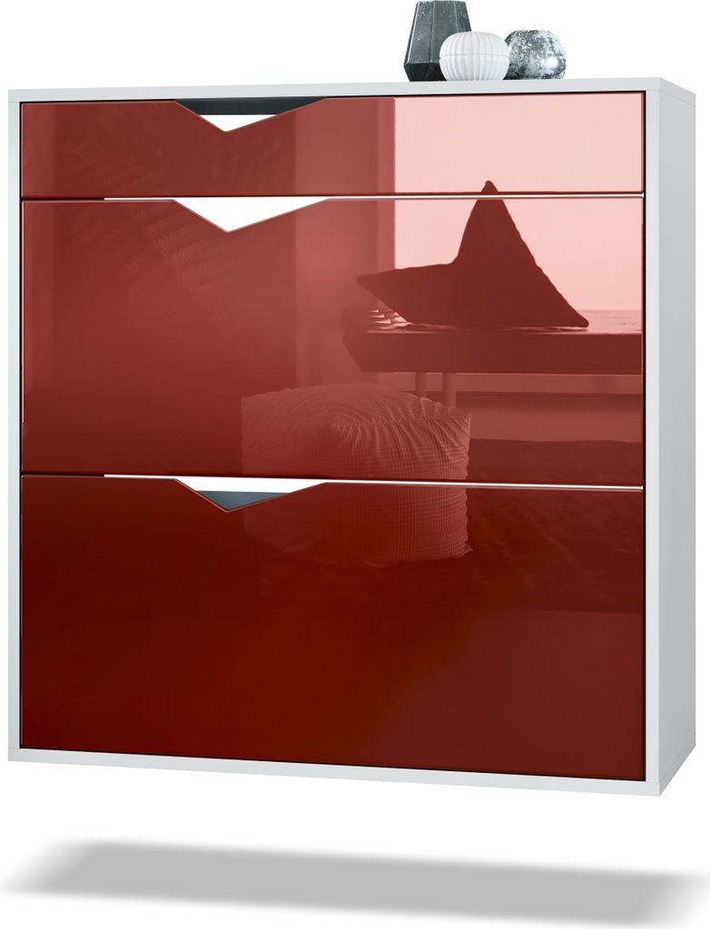 Vladon Schuhschrank Kolmio 85 x 87 x 33 cm, Germany, Korpus in Weiß matt, Fronten in Bordeaux Hochglanz | Große Farbauswahl
