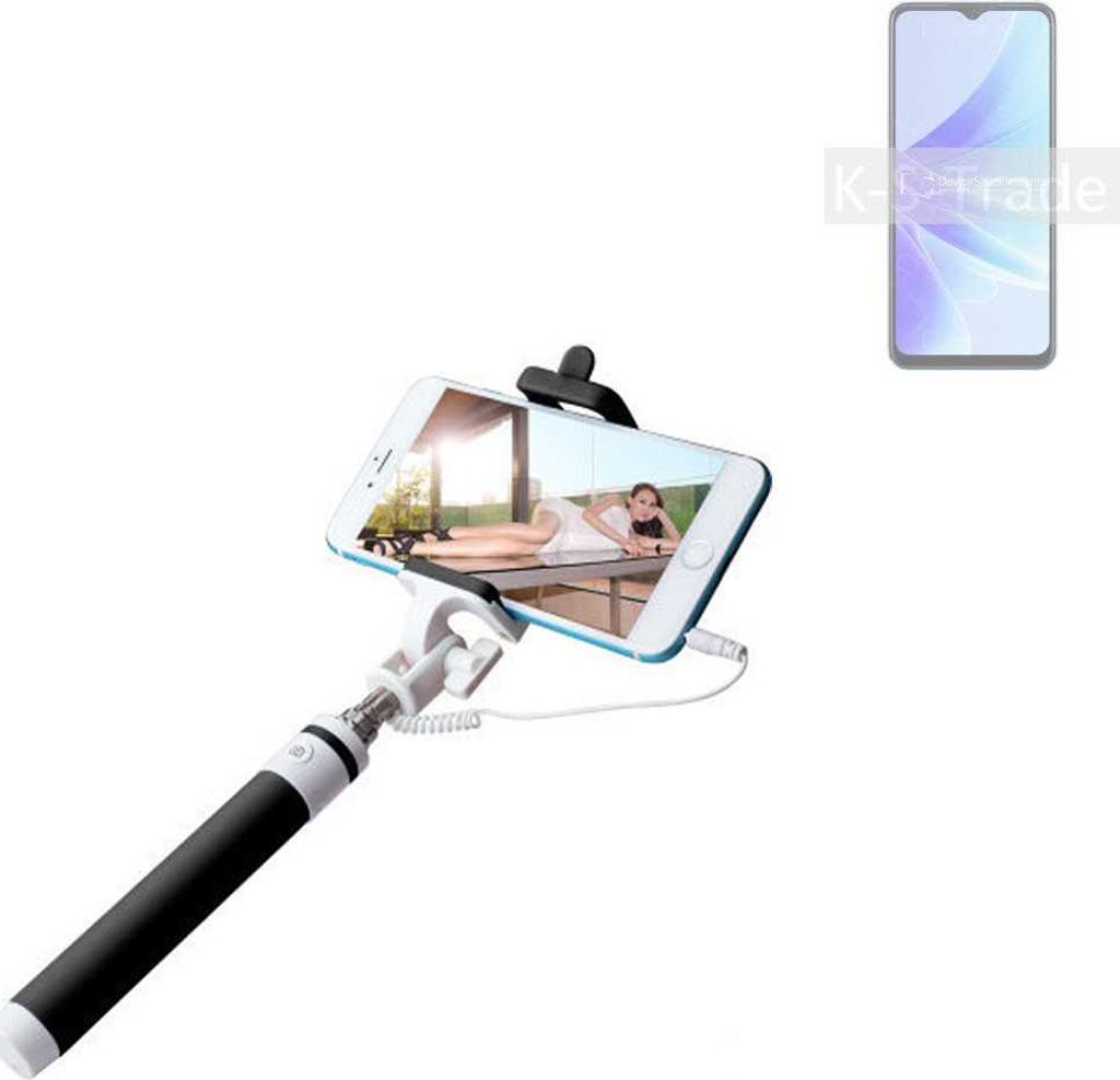 K-S-Trade Selfie Stick kompatibel mit Oppo A57s Selfiestick kabelgebunden Monopod mit Kabel Stab Stange Selfportrait Handheldstick schwarz 1x