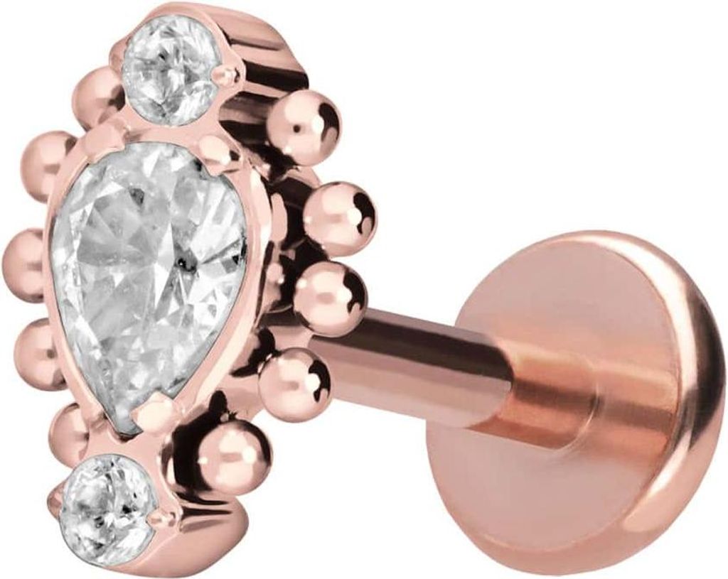 Ohrpiercing, Nasenpiercing Titan Labret mit Push Fit 3 EINGEFASSTE KRISTALLE + KUGELN RoséGold Stablänge: 9mm | Stabstärke: 1mm