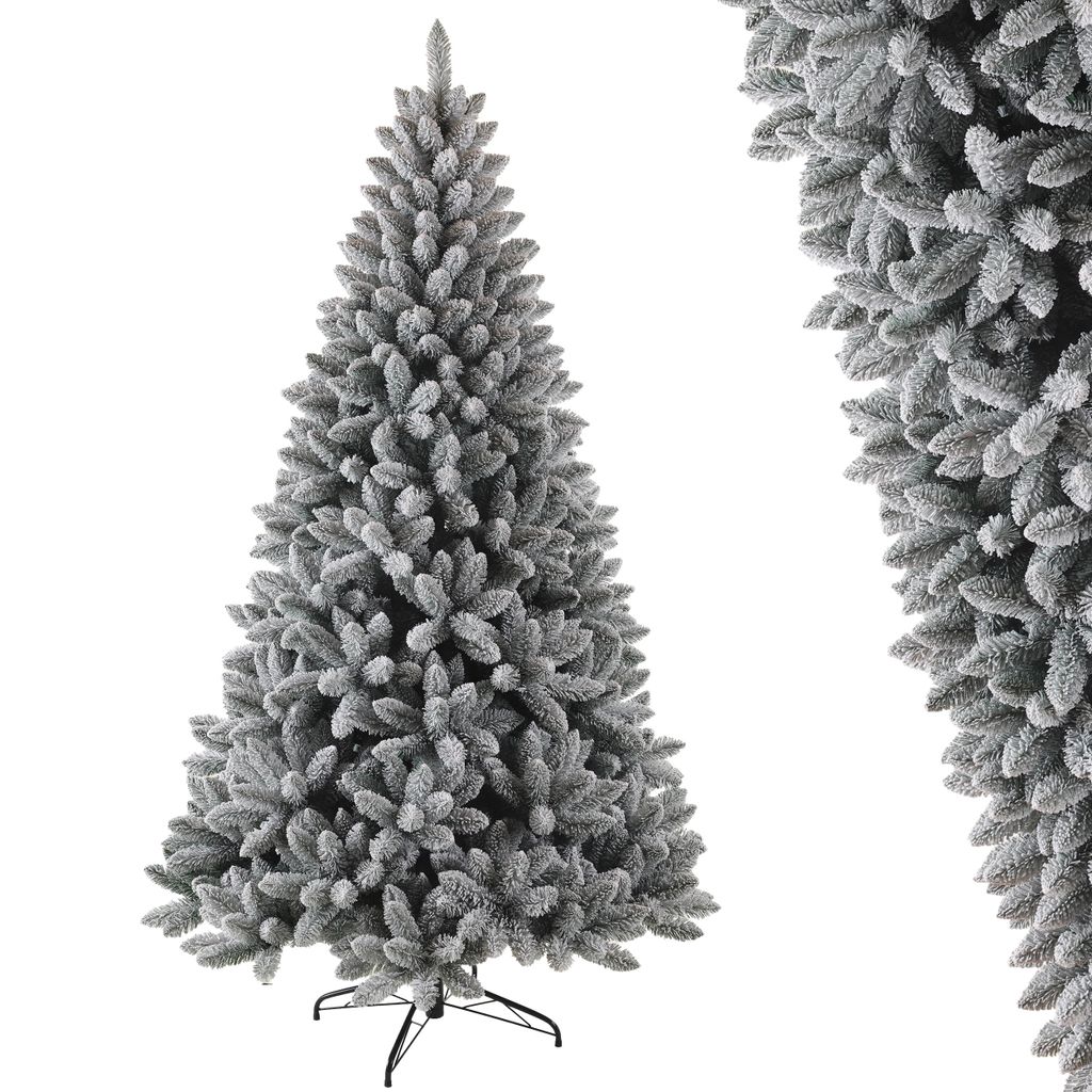A flocked artificial Christmas tree on a white background.