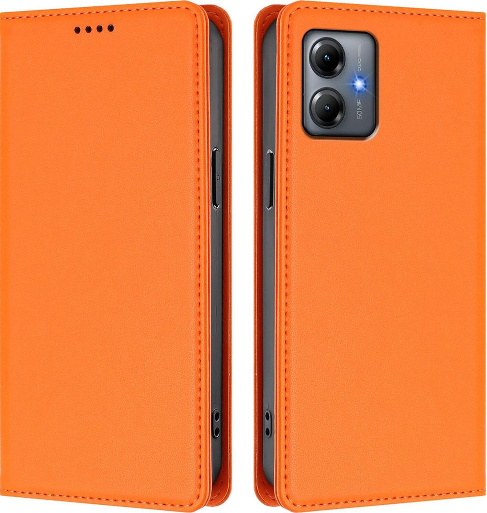Handyhülle für Motorola Moto G14, Kunstleder Klapphülle Stoßfeste Magnetische Hülle mit Ständer Orange