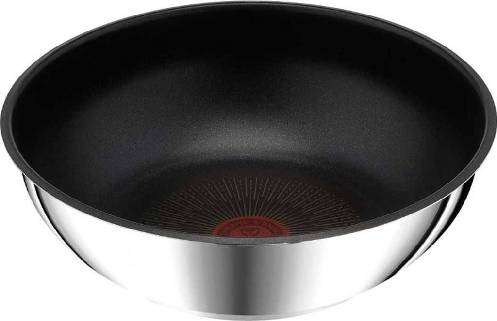 A close-up, front-facing view of a wok pan on a white background.