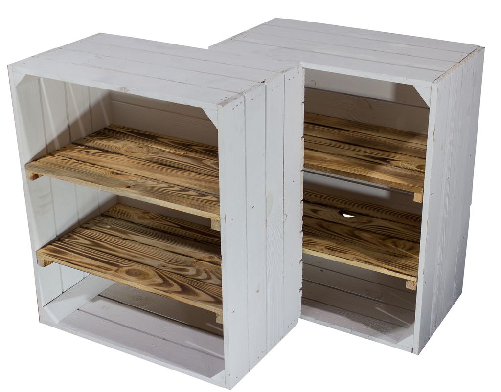 2er Set Weiße Hochkant Obstkiste mit 2 geflammten Mittelbrettern 61cm x 50cm x 31cm Holzregal groß Weinkiste Zwischenbretter Küchenregal Bücher...