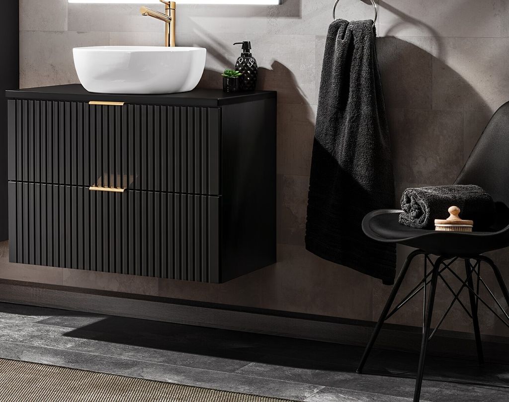 Design Badmöbel Set ADEL-V SCHWARZ 80 cm MDF SOFT-CLOSE MONTIERT Waschtisch