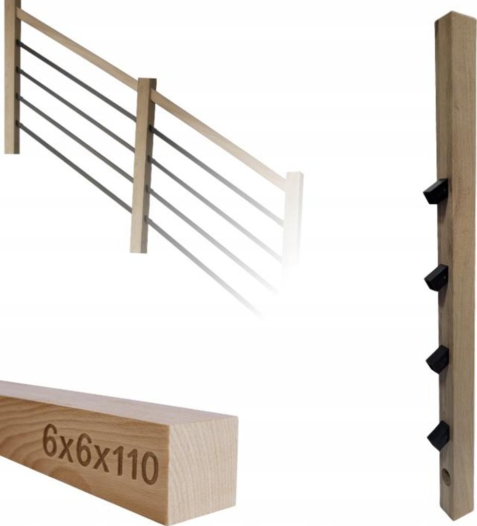 Kantholz - Holzpfoste - für Treppengeländer - 6 x 6 x 110 cm - Eichenholz - Vollständiger Montagesatz - Montage von 25x25 mm Profilen im Winkel ...