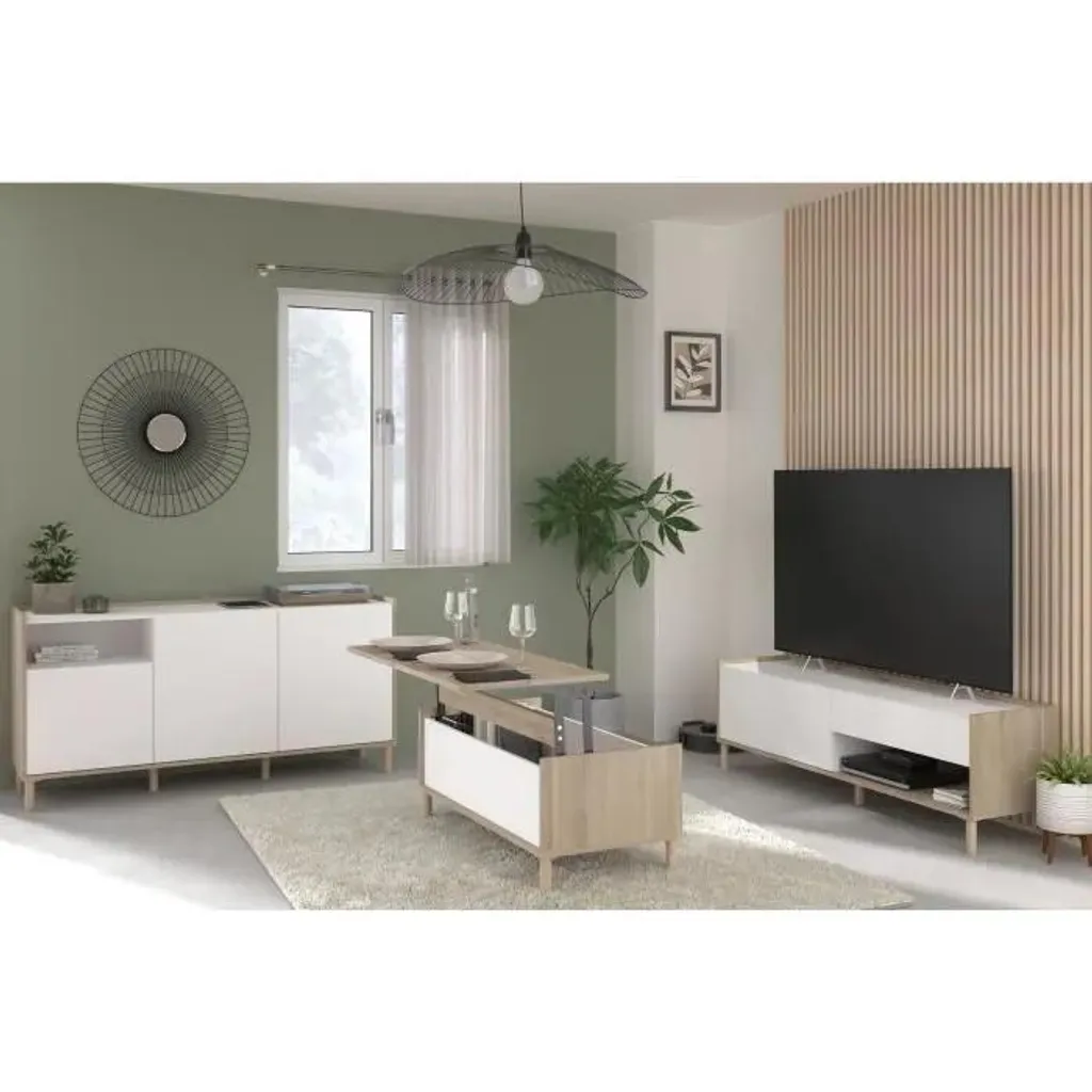 Meuble TV et table basse Morphos en bois blanc et chêne - Design Parisot