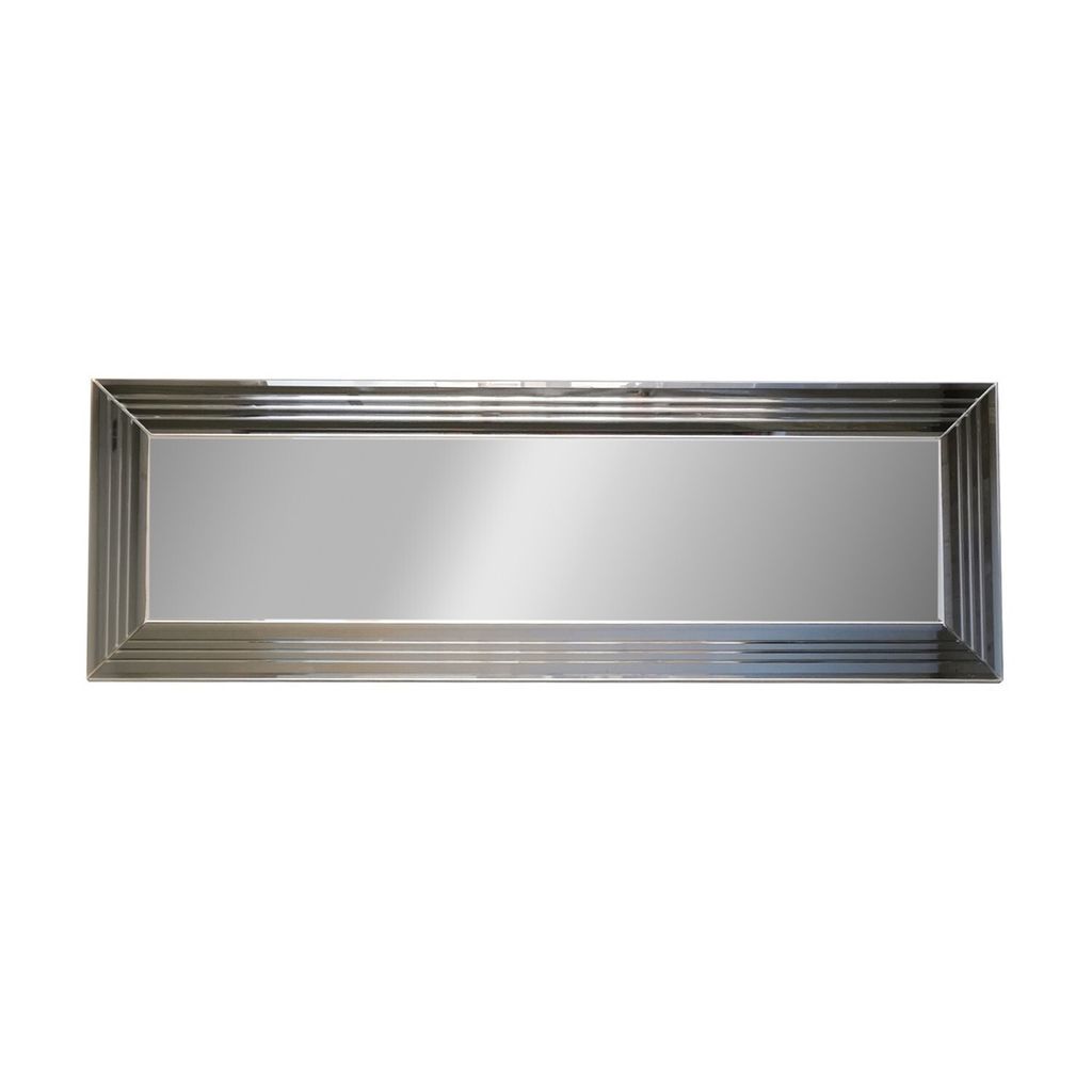 A rectangular mirror with a silver frame is shown against a white background.