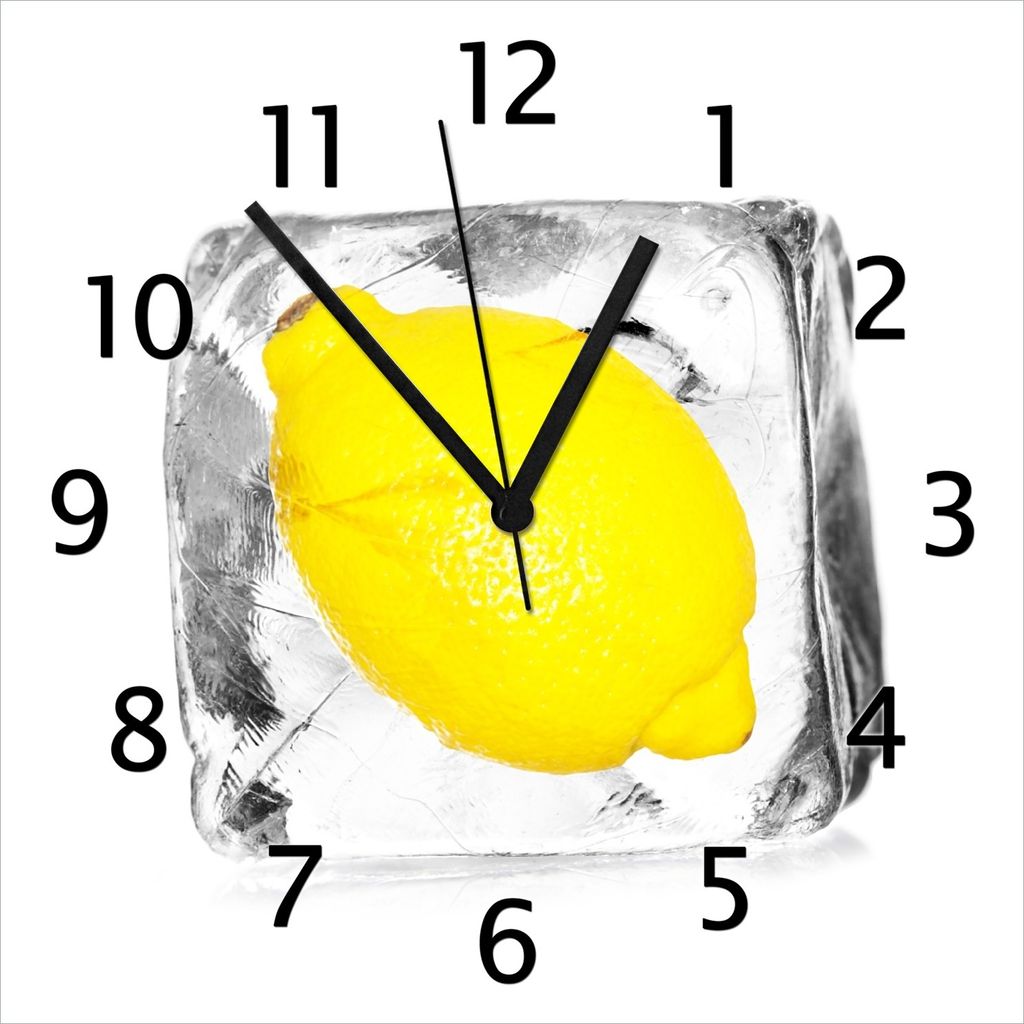 Wallario Design Wanduhr Zitrone in Eiswürfel - Eiskaltes Obst aus Echtglas, Größe 30 x 30 cm