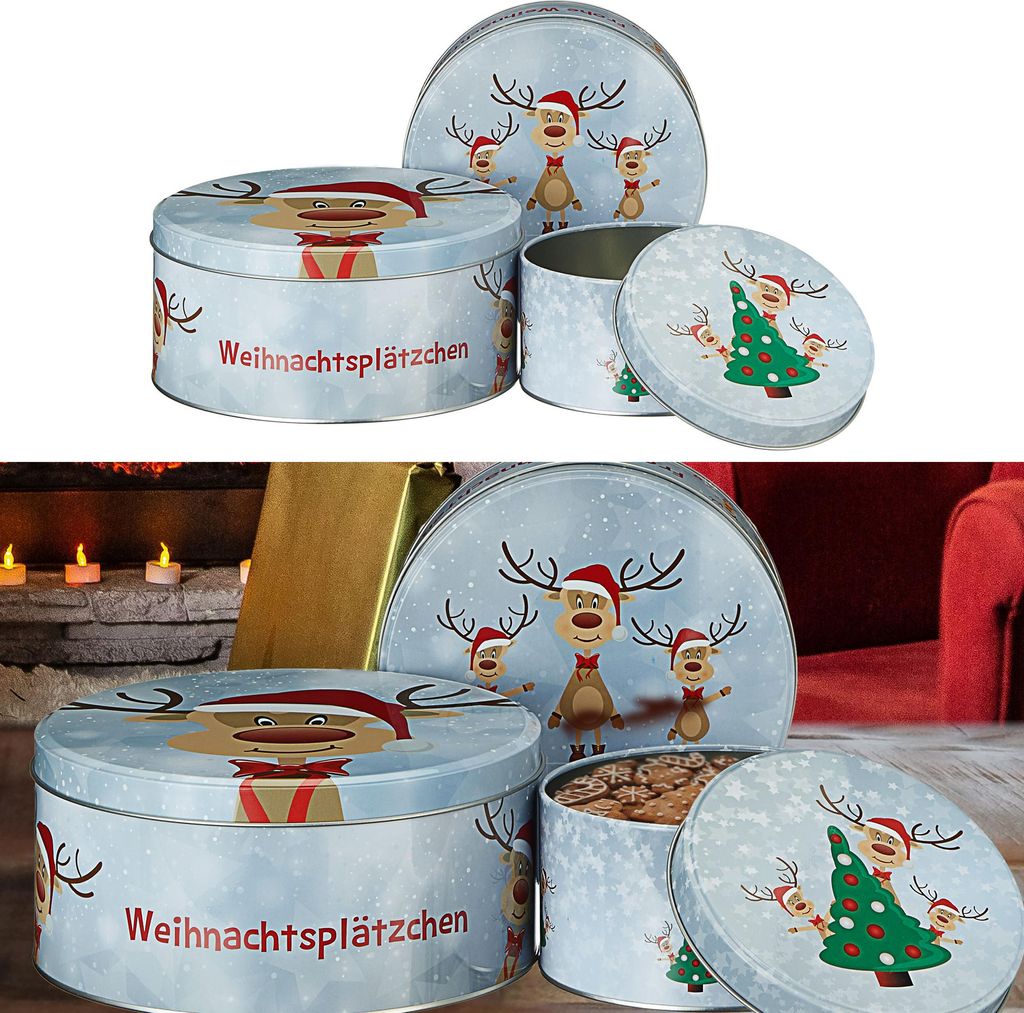 Gebäckdose " Rentier Ole" 3er Set rund Weihnachtskekse Weihnachtsgebäck Keksdose Dose Weihnachtsdose