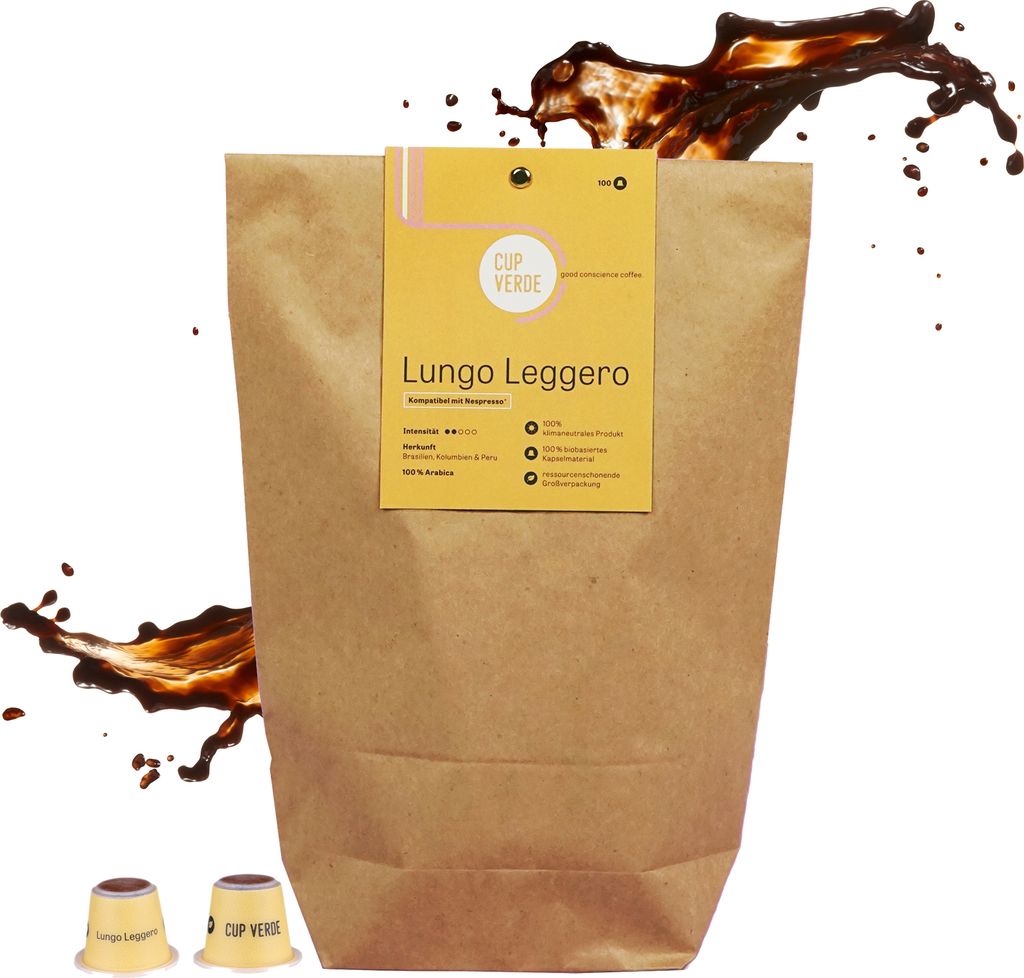CUP VERDE – 100 Lungo Leggero Kaffeekapseln Nespresso* kompatibel - mild und säurearm - nachhaltig - fair gehandelt - schonend geröstet