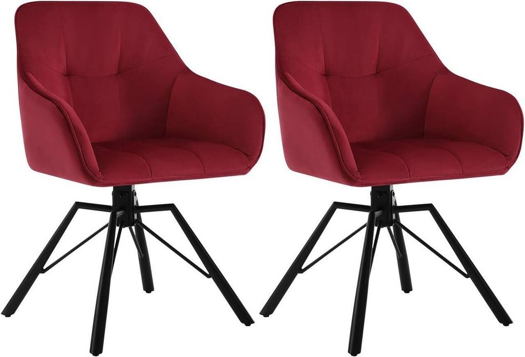 Two bordeaux upholstered chairs with black metal legs are shown against a white background.