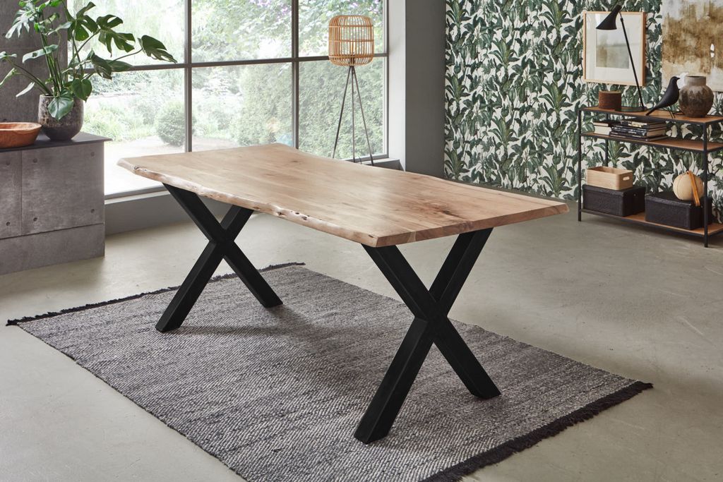 Esstisch Baumkante massiv Akazie natur 160 x 85 X-Gestell Schwarz FREDERIK