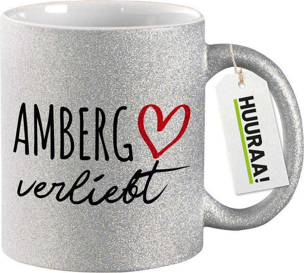 Huuraa Glitzertasse Amberg verliebt 330ml Silber Keramik Kaffeebecher Geschenkidee