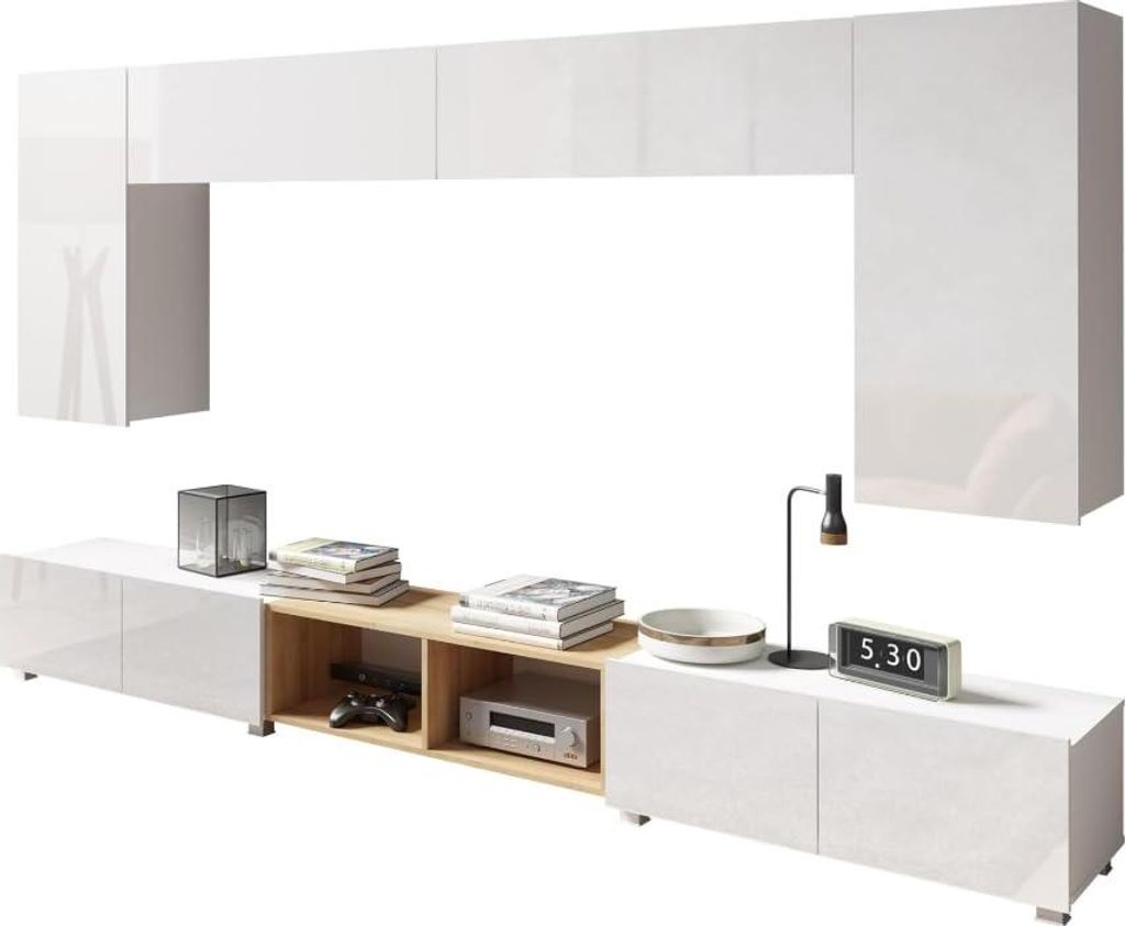 All4All Wohnwand 300 cm , Wohnzimmer Möbel , Modern Schrankwand , Tv Wohnwand , Weiß & Gold Eiche 300 x 117 x 32 cm