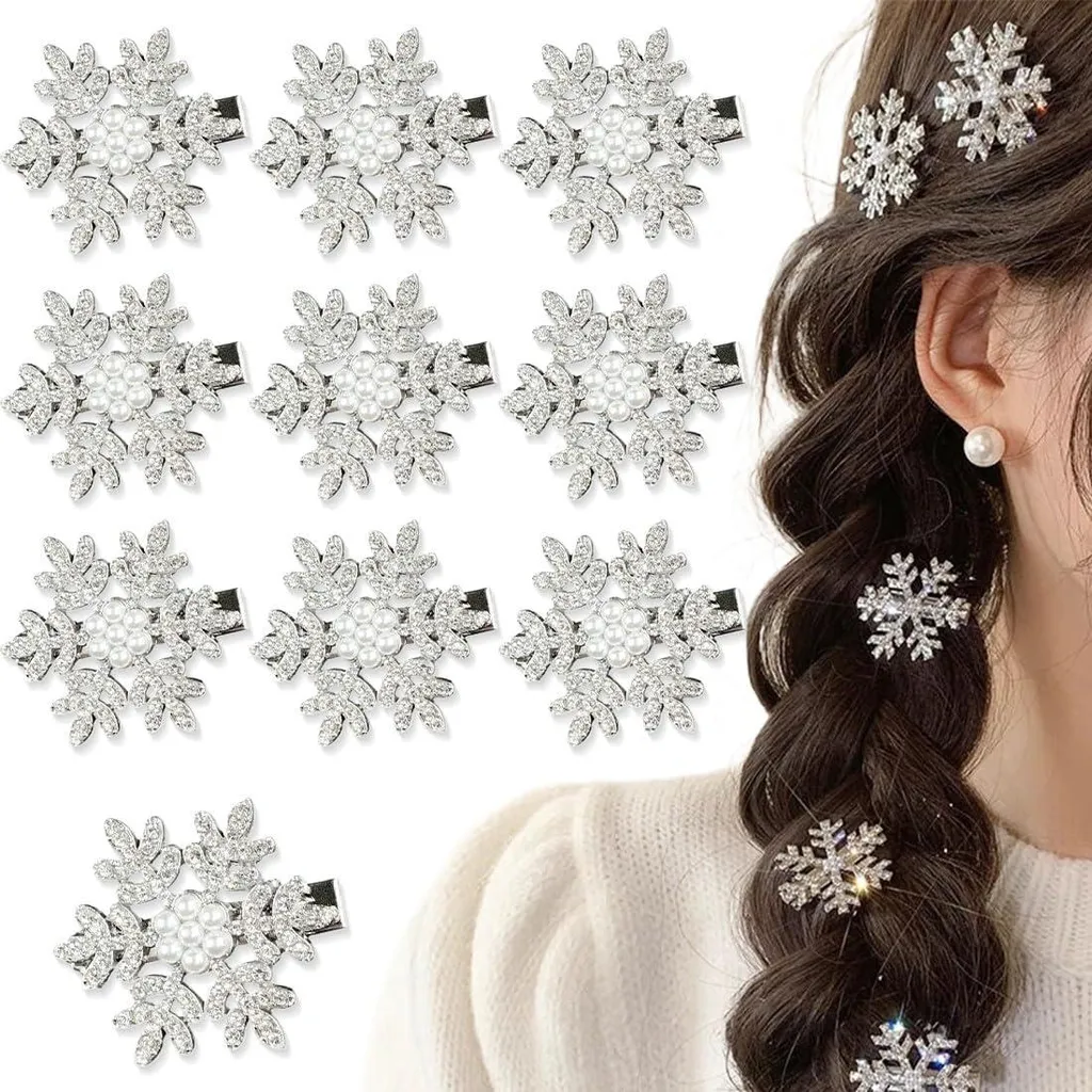 10 Barrettes de Noël Flocon de Neige avec Strass Brillants pour Coiffure