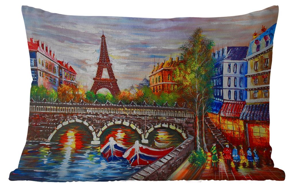 MuchoWow Outdoor Kissen - Gemälde - Öl - Eiffelturm - Paris - Wasser - 50x30 cm - Wetterfest - Lounge Kissen - Sofa kissen - Wohnzimmer Dekoration