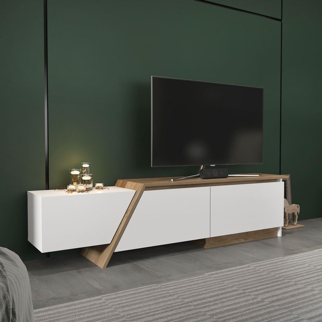Skye Decor, Zonas - White, Walnut, TV-Ständer, Weiß, Spanplatte, 180 x 28,6 x 35 cm