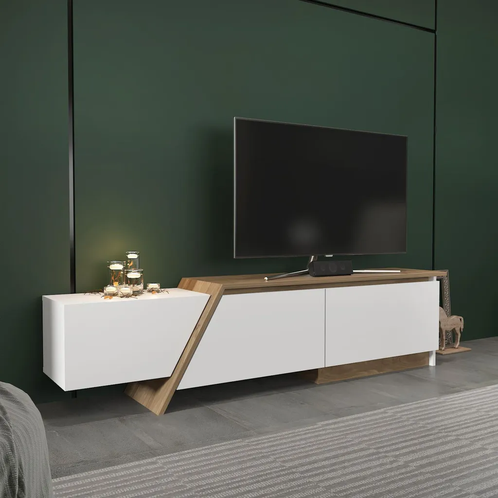 Banc TV Design Blanc et Bois de 180cm pour Salon Moderne Skye Decor
