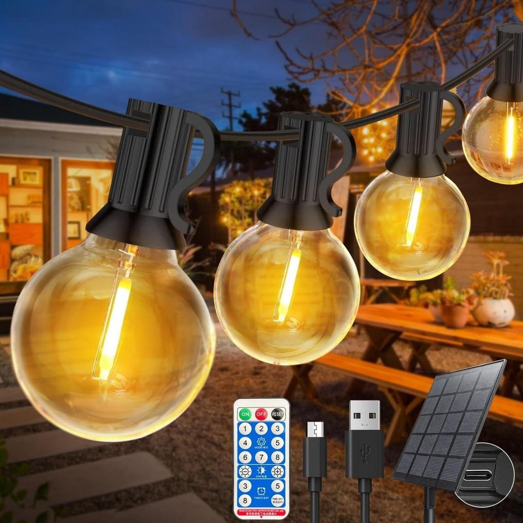 Lichterkette LED-Lichterkette,8 Modi anpassen,LED-Solarleuchten mit G40-LED-Birnen Fernbedienung Dimmen, Timing,65FT,30 LED-Glühbirnen Outdoor-Lic...