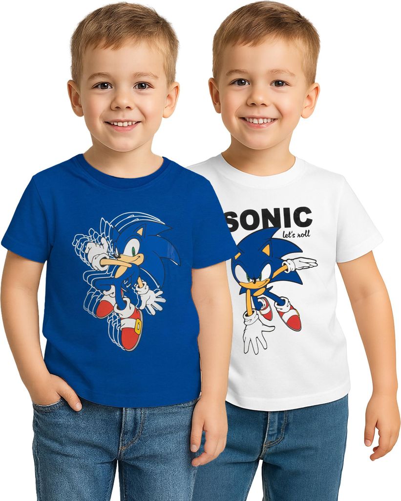 Sonic the Hedgehog T-Shirt für Jungen Oberteil Kinder Shirt kurzärmlig Blau/Weiß (2er Pack) 110-116