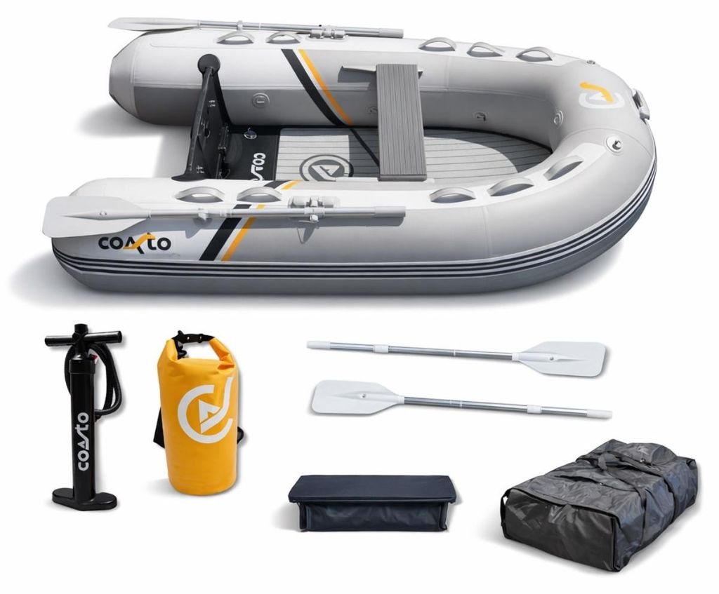 Aufblasbares Beiboot Coasto 2.48m Premium Light Grey - Dropstitch EVA Boden - 3+1 Kammern - Tragfähigkeit 317 kg - Bis zu 6 PS
