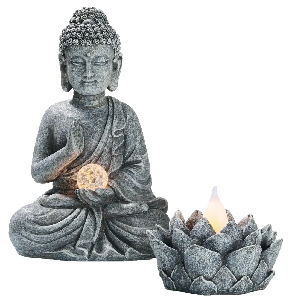Bouddha Solaire avec Fleur de Lotus, Lot de 2 Lampes pour Jardin Zen
